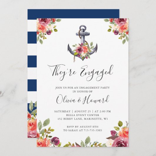 いかり航海のフローラネイビーブルー婚約パーティ 招待状 (正面/裏面)
