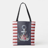 いかり航海のフローラ、ネイビーブルー、赤ストライプ色 トートバッグ (裏面)
