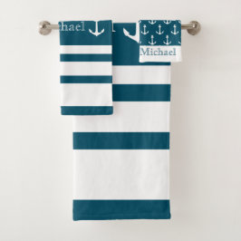 いかり航海のブルーとホワイトストライプの名前 バスタオルセット