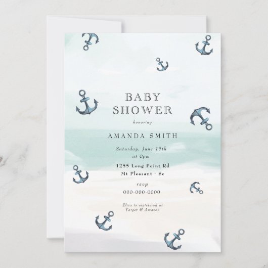 いかり航海のブルーアホイ男の子の赤ちゃんシャワー 招待状 (正面)