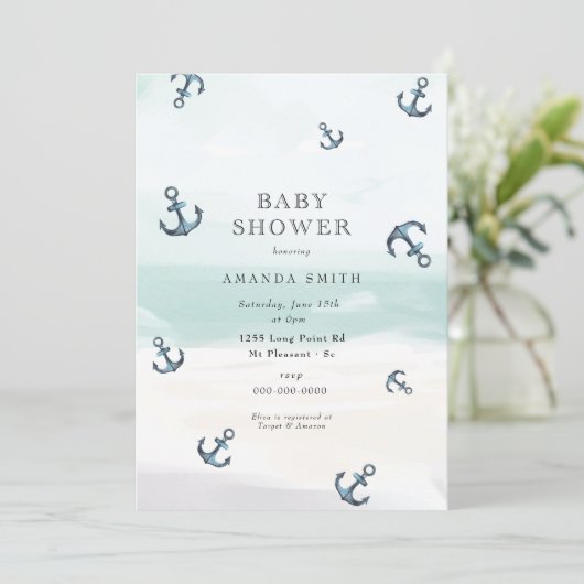 いかり航海のブルーアホイ男の子の赤ちゃんシャワー 招待状 (スタンド正面)