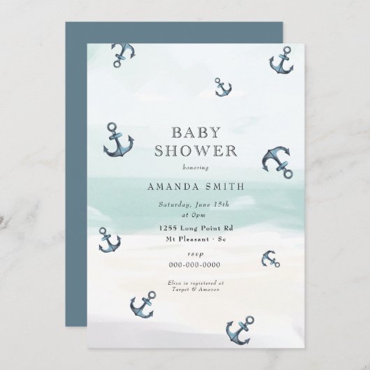 いかり航海のブルーアホイ男の子の赤ちゃんシャワー 招待状 (正面/裏面)