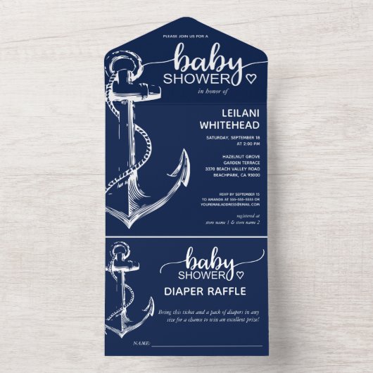 いかり航海のベビーシャワーおむつラッフルネイビー オールインワン招待状 (内側)