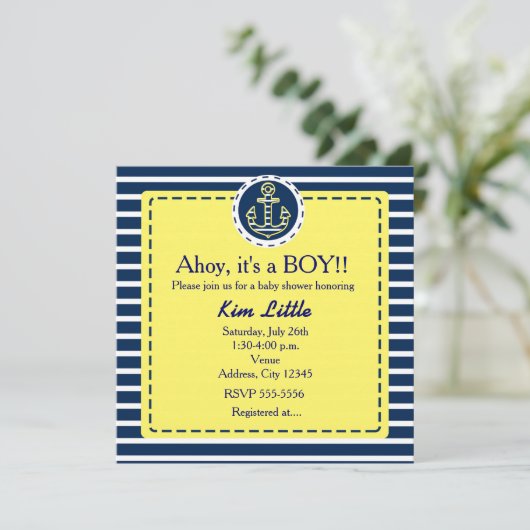 いかり航海のベビーシャワーイエローブルー招待状 招待状 (スタンド正面)