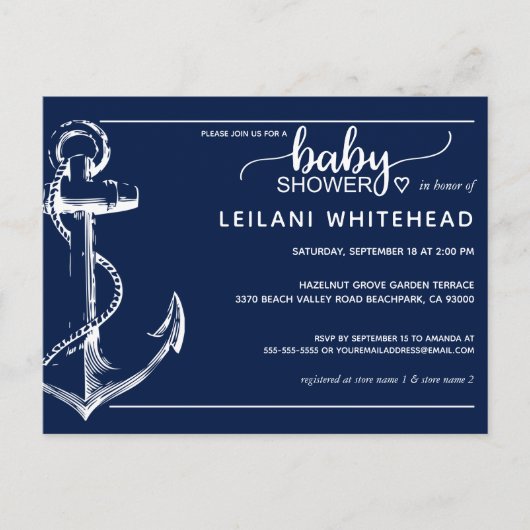 いかり航海のベビーシャワー招待状ネイビーハガキ ポストカード (正面)