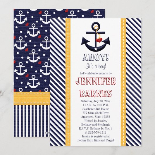 いかり航海のベビーシャワー招待状黄 招待状 (正面/裏面)