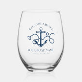 いかり航海のボート名ネイビーブルーウェルカムクルーボード ステムなしワイングラス (正面)