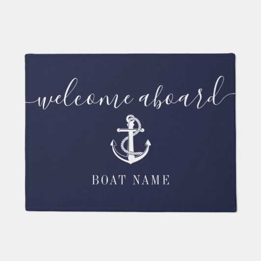 いかり航海のボート名ネイビーブルーウェルカムクルーボード ドアマット (正面)