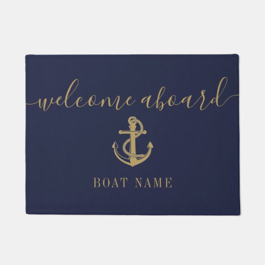 いかり航海のボート名ブルー金ゴールドウェルカムクアボード ドアマット (正面)