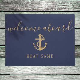 いかり航海のボート名ブルー金ゴールドウェルカムクアボード ドアマット