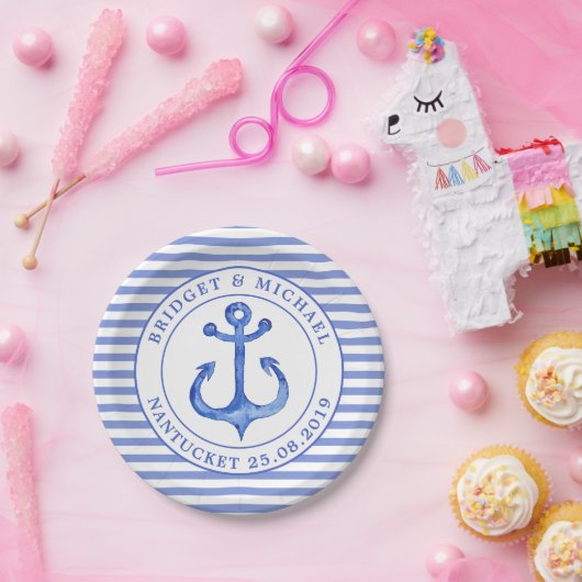 いかり航海のモノグラムネイビーストライプの紙プレート ペーパープレート (パーティー)