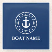 いかり航海のロープスターズボート名ネイビーブルー ガラスコースター (正面)