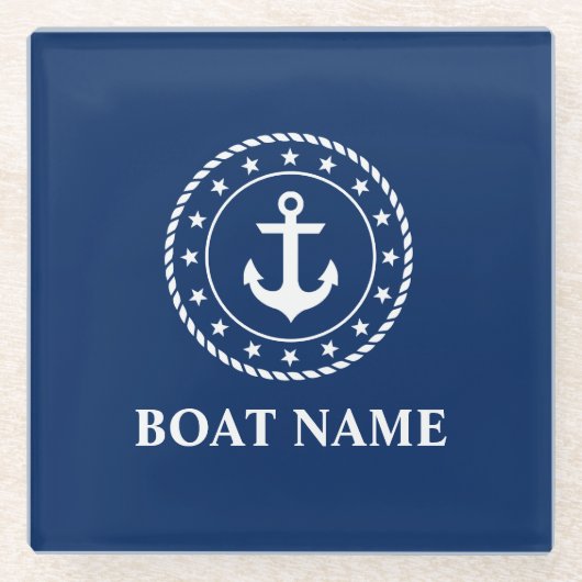 いかり航海のロープスターズボート名ネイビーブルー ガラスコースター (正面)