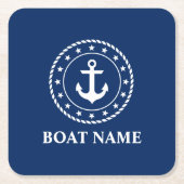 いかり航海のロープスターズボート名ネイビーブルー スクエアペーパーコースター (正面)