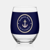 いかり航海のロープネイビーブルーホワイトモノグラム名 ステムなしワイングラス (正面)