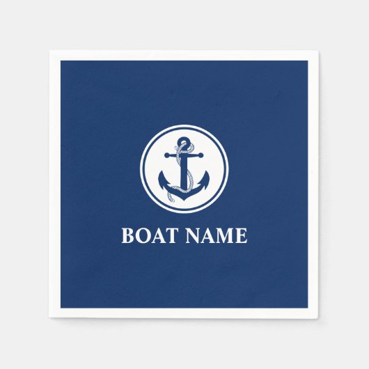 いかり航海のロープボート名ネイビーブルー スタンダードカクテルナプキン (正面)