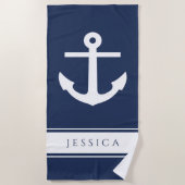 いかり航海の名前をカスタムするネイビーブルー ビーチタオル (正面)