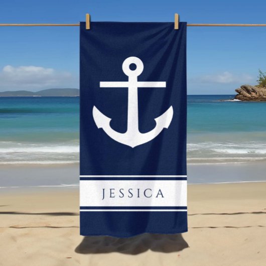 いかり航海の名前をカスタムするネイビーブルー ビーチタオル