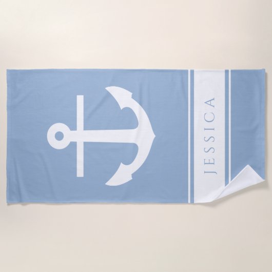 いかり航海の名前をカスタムするパウダーブルー ビーチタオル (正面)