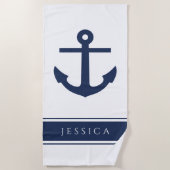 いかり航海の名前をカスタムするパウダーブルー ビーチタオル (正面)