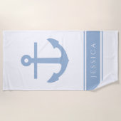 いかり航海の名前をカスタムするブルー ビーチタオル (正面)