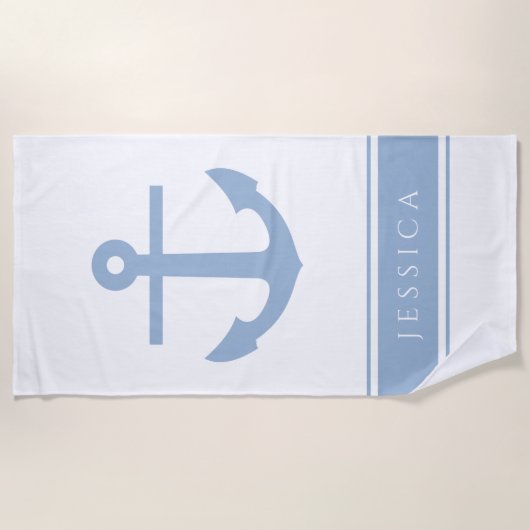 いかり航海の名前をカスタムするブルー ビーチタオル (正面)