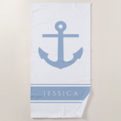 いかり航海の名前をカスタムするブルー ビーチタオル (正面)