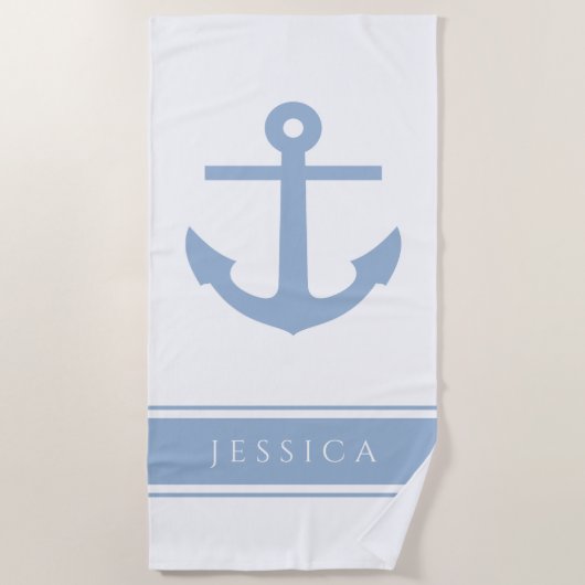 いかり航海の名前をカスタムするブルー ビーチタオル (正面)