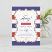 いかり航海の7月4日赤色の青い金ゴールドのベビーシャワー 招待状 (スタンド正面)