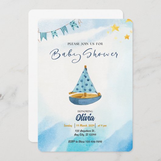 いかり遠くに：青い水色のボートベビーシャワー 招待状 (正面/裏面)