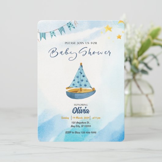 いかり遠くに:青い水色のボートベビーシャワー 招待状 (スタンド正面)
