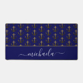 いかり金ゴールドフェイクスパークルネイビーブルーモノグラム名 デスクマット (正面)