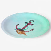 いかり、ロープとシーシェルの水色 ペーパープレート (アングル)