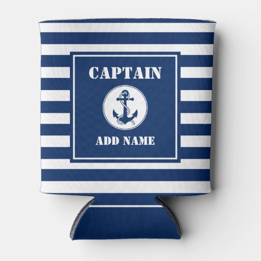 いかり&ロープキャプテンネームボートネームブルーストライプ 缶クーラー (正面)