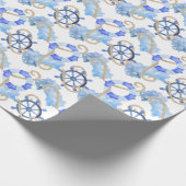 いかり、貝との青い水彩画の航海のなデザイン ラッピングペーパー (角)