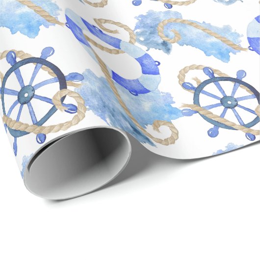 いかり、貝との青い水彩画の航海のなデザイン ラッピングペーパー (ロールコーナー)