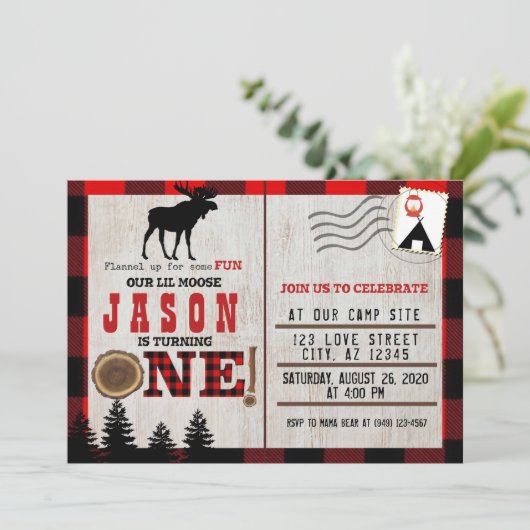 いくつかのおもしろいのためのフランネルリトルムース1st誕生日 招待状 (スタンド正面)