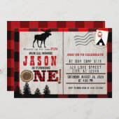 いくつかのおもしろいのためのフランネルリトルムース1st誕生日 招待状 (正面/裏面)