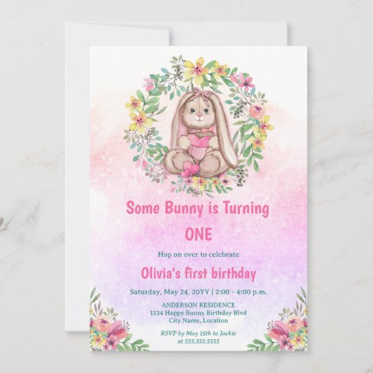 いくつかのお洒落バニーフローラ誕生日パーティー 招待状 (正面)