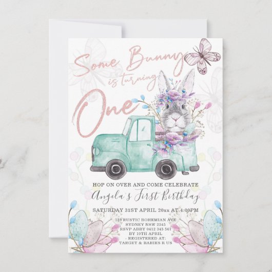 いくつかのバニーが1つの春誕生日を回している 招待状 (正面)