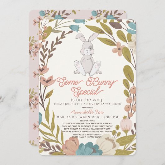 いくつかのバニーの特別なフローラドライブの赤ちゃんシャワー 招待状 (正面/裏面)