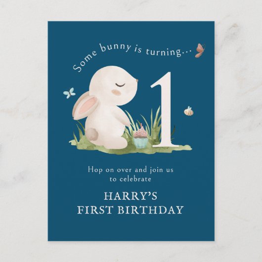 いくつかのバニーはワンブルーの1番目の誕生日招待状 ポストカード (正面)