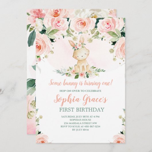 いくつかのバニーは1つのピンクのフローラバラ1st誕生日 招待状 (正面/裏面)