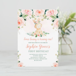 いくつかのバニーは1つのピンクのフローラバラ1st誕生日 招待状