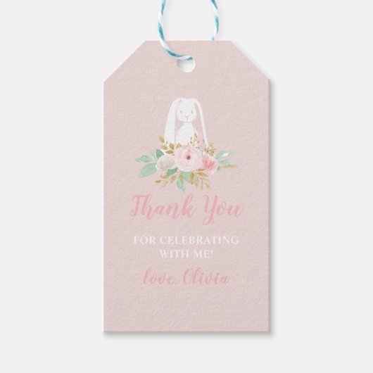いくつかのバニーは1つのフローラ最初の誕生日ありがとう ギフトタグ (正面)