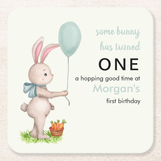 いくつかのバニーは1つの可愛いウサギのバルーン1st誕生日 スクエアペーパーコースター (正面)
