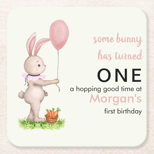 いくつかのバニーは1つの可愛いウサギのバルーン1st誕生日 スクエアペーパーコースター (正面)