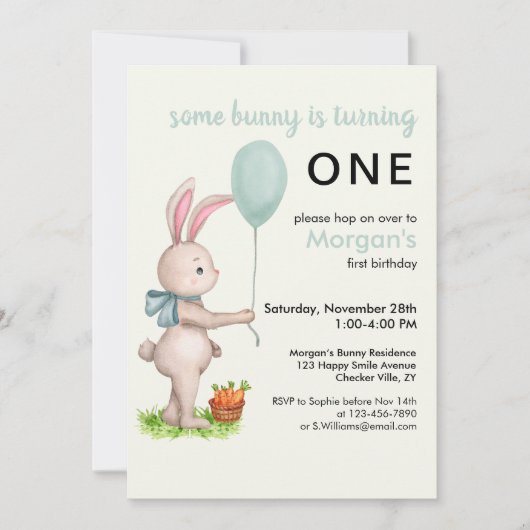 いくつかのバニーは1つの可愛いウサギのバルーン1st誕生日 招待状 (正面)
