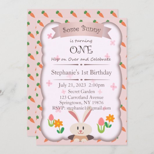 いくつかのバニーは1つの招待状、1番目の誕生日である 招待状 (正面/裏面)