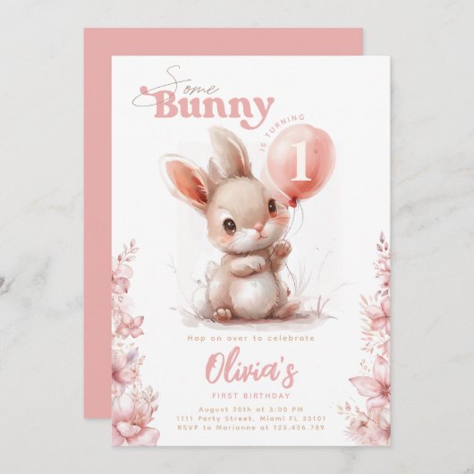 いくつかのバニーは1ピンクガール1st最初の誕生日 招待状 (正面/裏面)